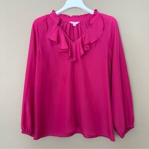 Y2K Lilly Pulitzer Women XS Pink Ruffle Neck Top Long Sleeve Coquette Barbiecore